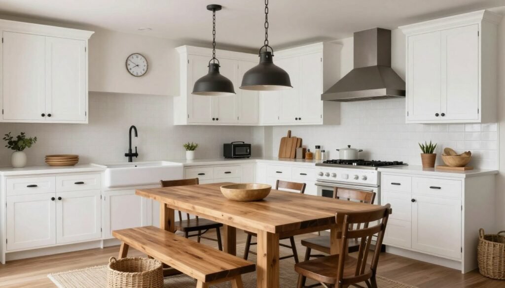 Modern farmhouse kitchen and dining area with shaker cabinets and wooden table