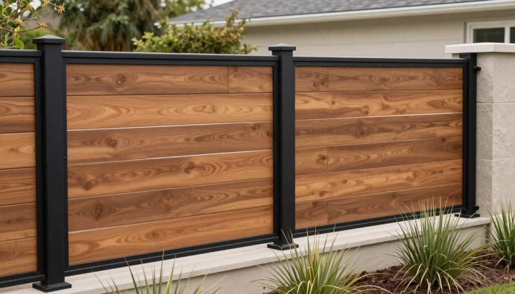 Modern fence combining wood panels with black metal posts and frame
