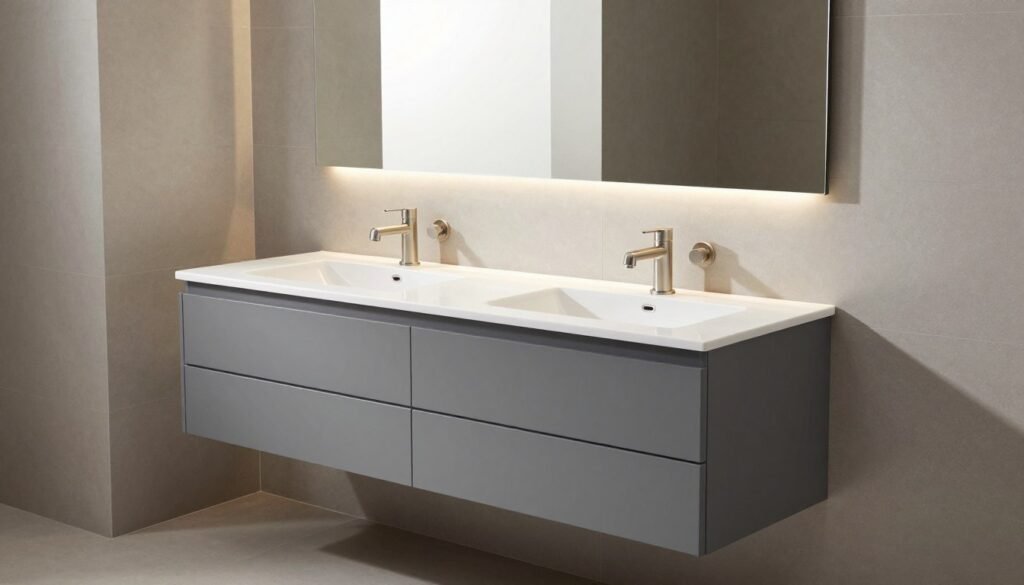 Modern floating double sink master bath vanity with minimalist design