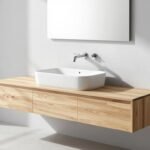 Modern floating vanity bathroom with wooden cabinet and white sink against light gray wall