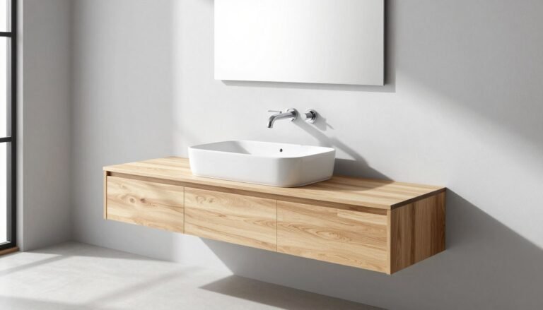 Modern floating vanity bathroom with wooden cabinet and white sink against light gray wall
