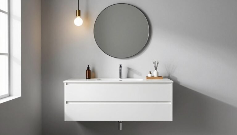 Modern floating vanity in a contemporary bathroom with white oak finish and minimalist hardware