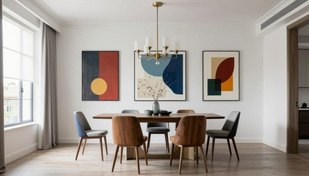 Modern formal dining room with mixed seating, contemporary art, and updated traditional elements