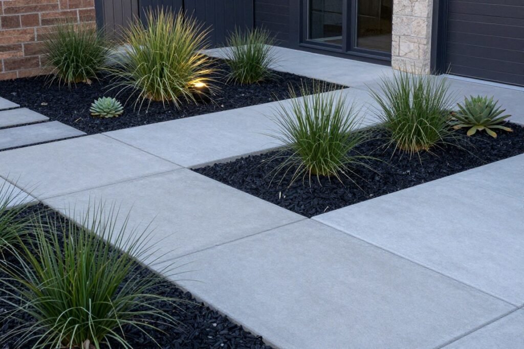 Modern front yard with black mulch, concrete pavers, and strategic lighting