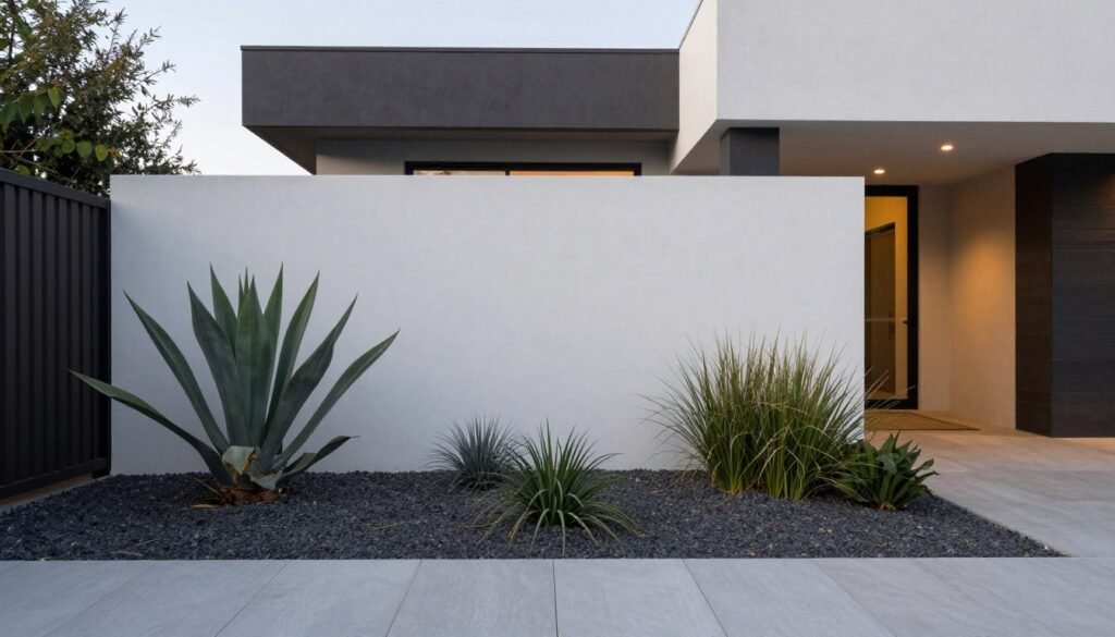 Modern front yard with clean lines, architectural plants, and gravel mulch