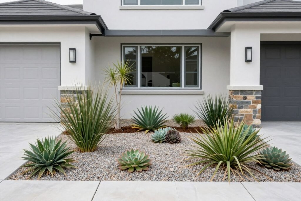 Modern front yard with drought-tolerant plants and gravel mulch