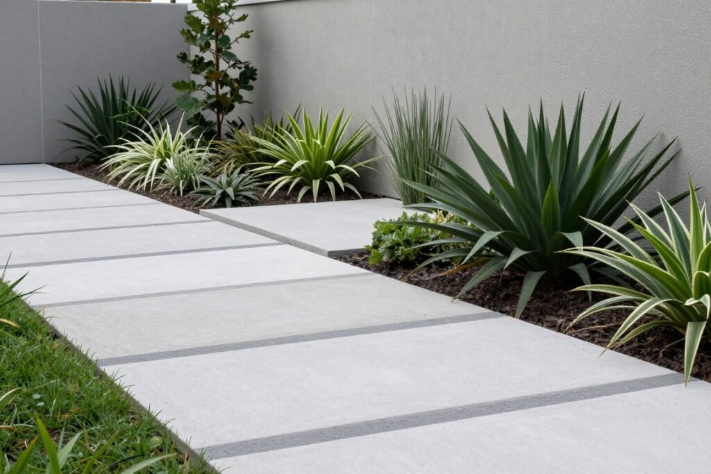 Modern front yard with geometric concrete walkway and architectural plants