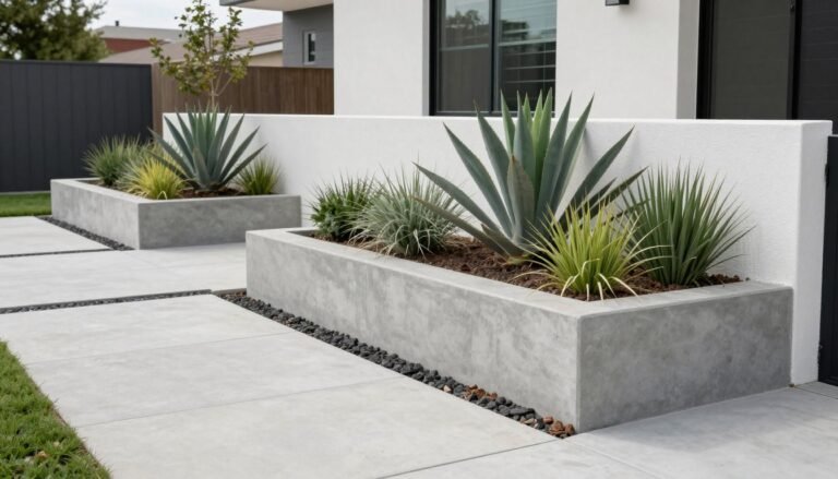 Modern front yard with geometric planters, architectural plants, and clean lines