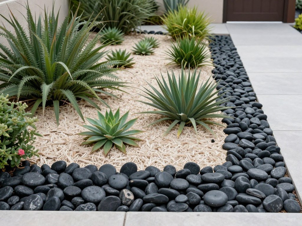 Modern garden with black river rock border around plants Modern garden with black river rock border around plants