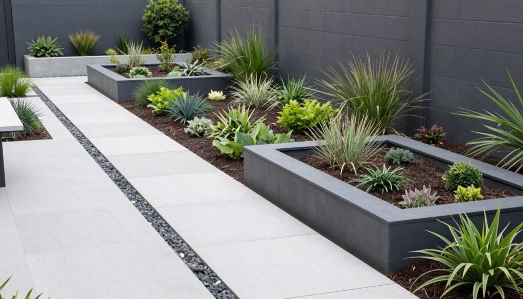 Modern geometric backyard landscaping designs layout with clean lines