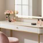 Modern glam vanity inspo with gold accents, velvet stool, and perfect lighting