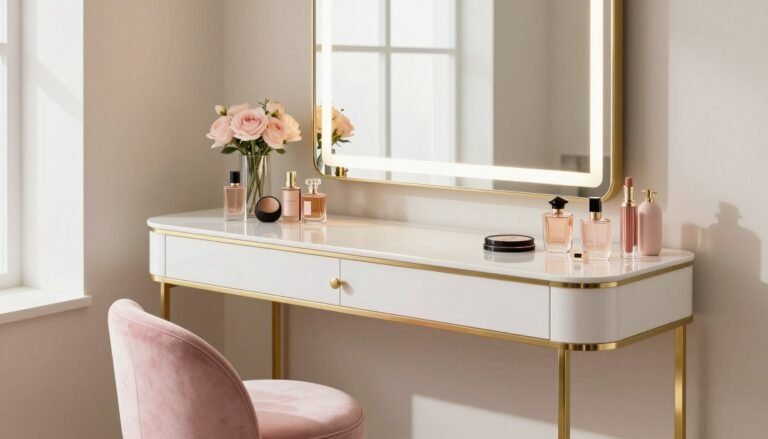 Modern glam vanity inspo with gold accents, velvet stool, and perfect lighting