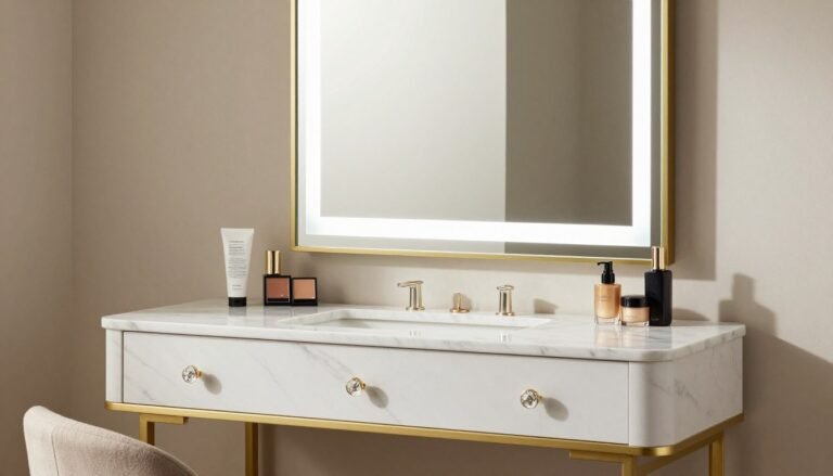 Modern glam vanity with gold accents, crystal drawer pulls, and a backlit mirror against a neutral wall