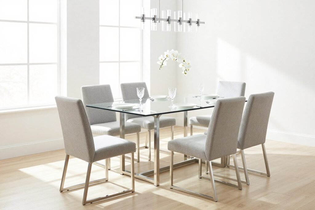 Modern glass dining table with a transparent rectangular top and sleek chrome legs, surrounded by upholstered chairs in a bright contemporary dining space with minimal decor Modern glass dining table with a transparent rectangular top and sleek chrome legs, surrounded by upholstered chairs in a bright contemporary dining space with minimal decor