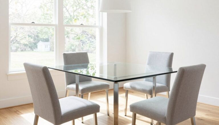 Modern glass dining table with chrome base in a bright, contemporary dining room with glass dining table as focal point