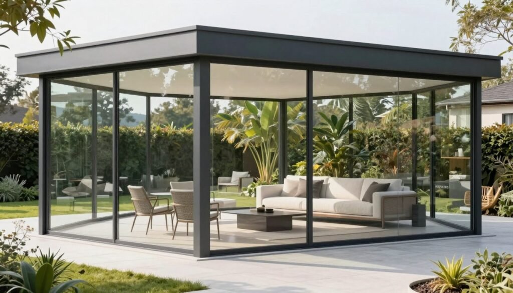 Modern glass-enclosed patio with minimal frames and panoramic views, creating a bright sunroom-style space Modern glass-enclosed patio with minimal frames and panoramic views, creating a bright sunroom-style space