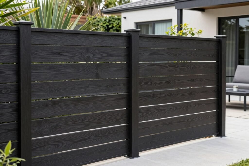Modern horizontal fence design in dark wood creating privacy in a contemporary backyard landscape