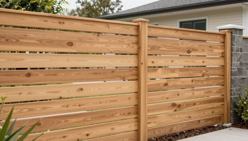 Modern horizontal slat fence with even spacing between cedar boards