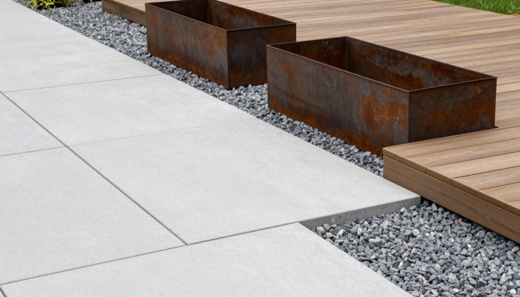 Modern landscape featuring concrete, steel, and wood materials in a minimalist design