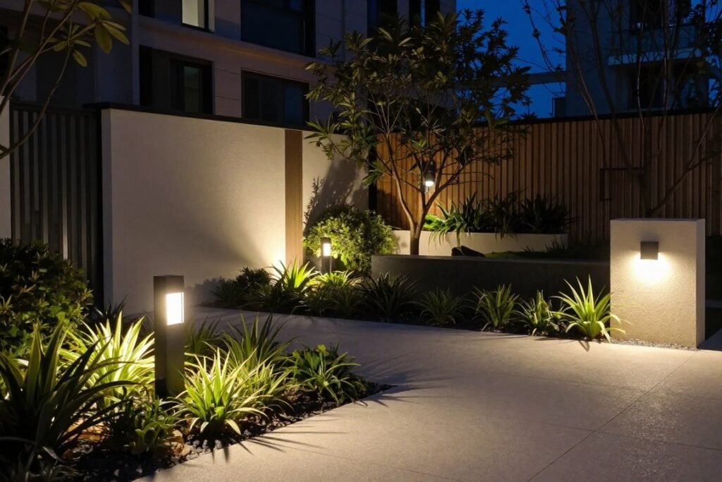 Modern landscape lighting highlighting architectural elements and pathways