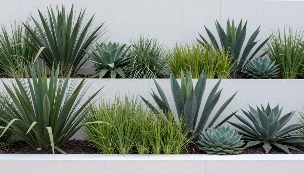 Modern landscape with architectural plants arranged in a minimalist pattern