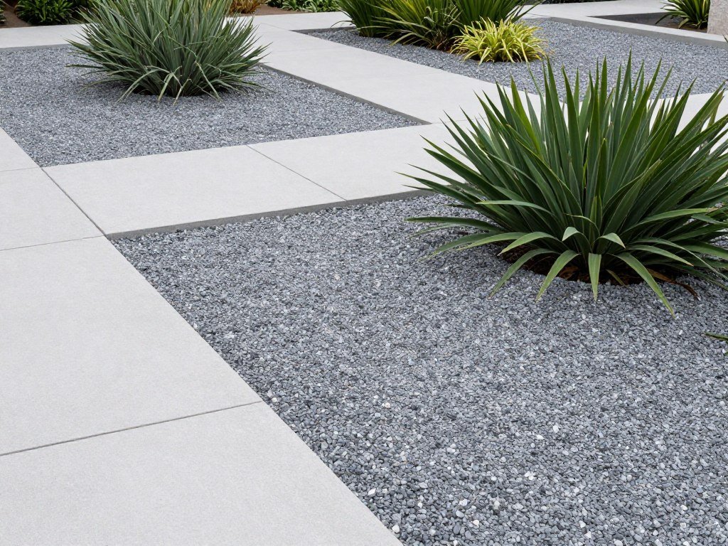 Modern landscape with decorative gravel, concrete pavers, and architectural plants