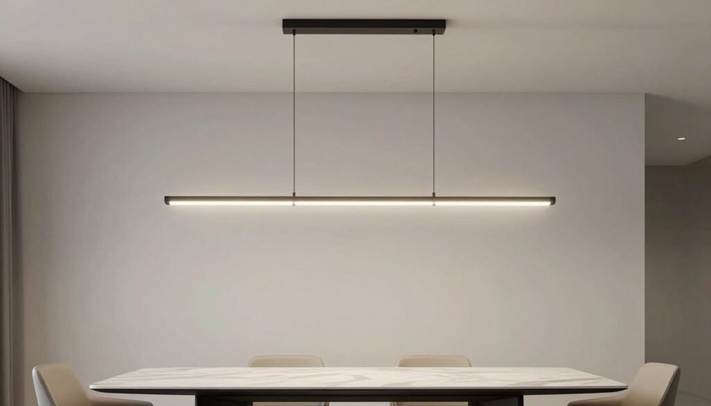 Modern linear suspension light fixture hanging over a rectangular dining table in a contemporary space