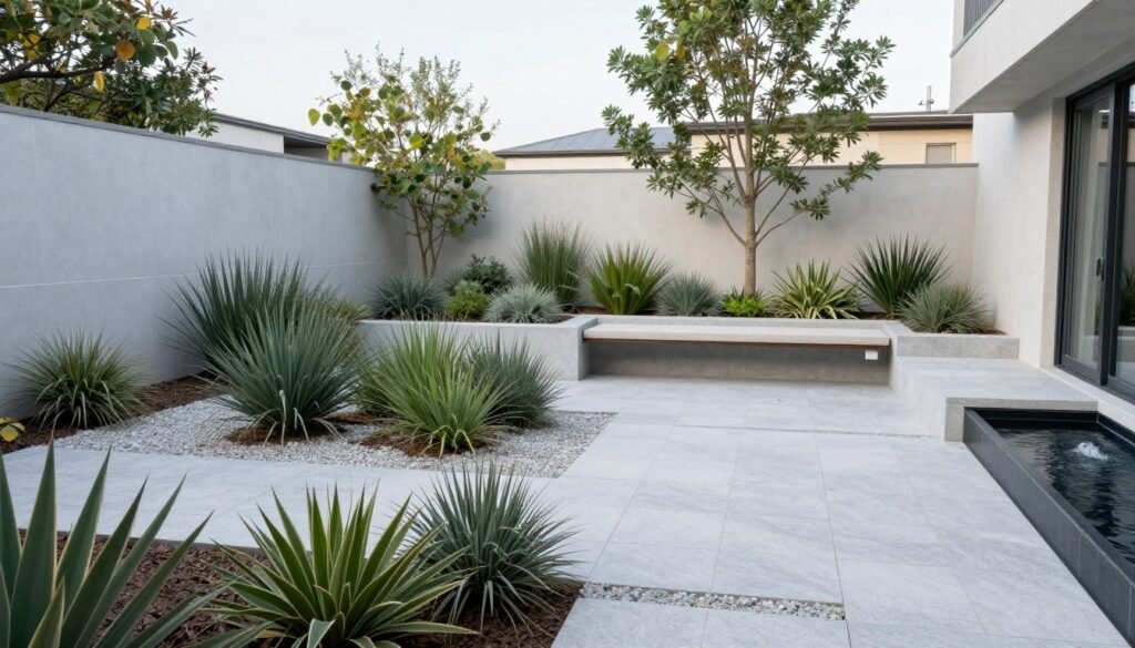 Modern low-maintenance backyard with clean lines, drought-resistant plants, and minimal upkeep for backyard makeover