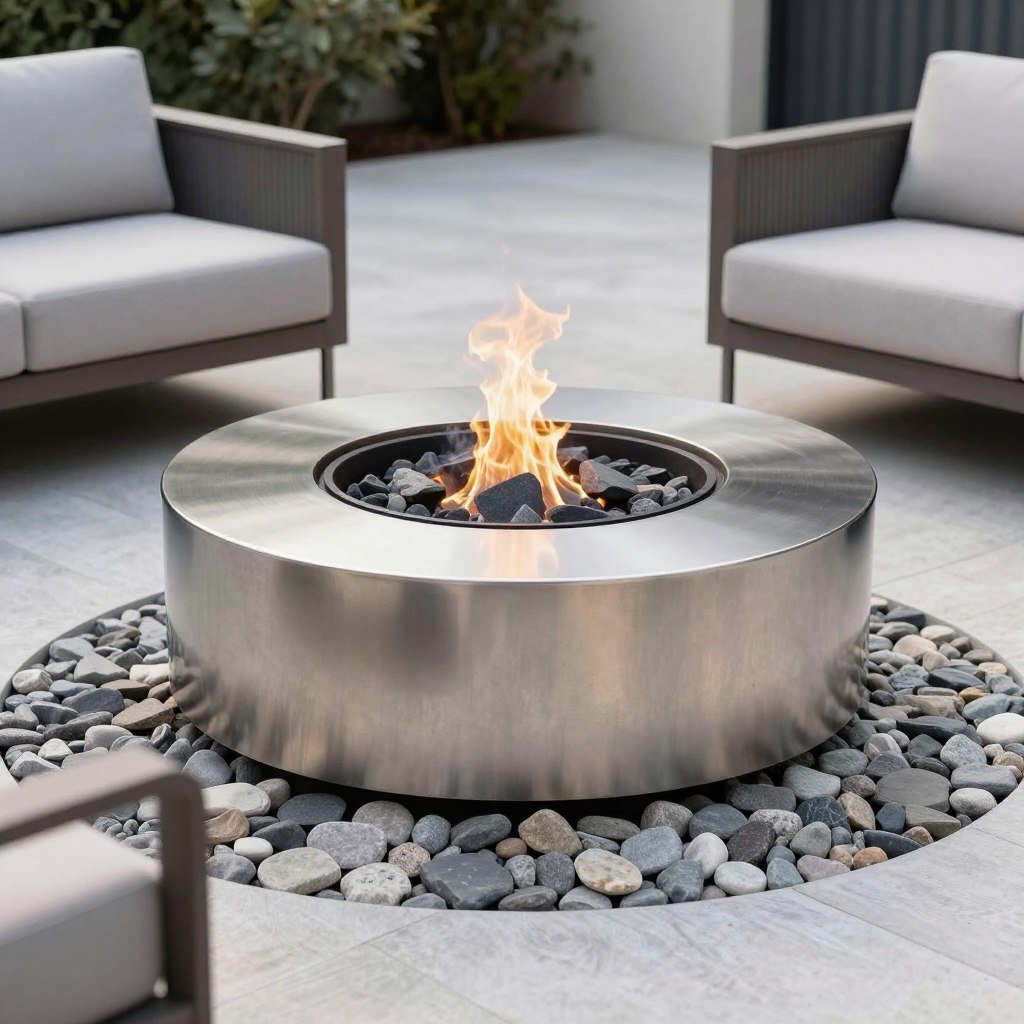 Modern metal fire ring surrounded by decorative stones in a contemporary backyard setting