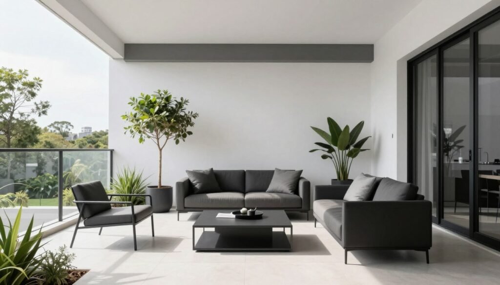 Modern minimalist apartment patio with sleek furniture, monochromatic color scheme, clean lines, and strategic greenery