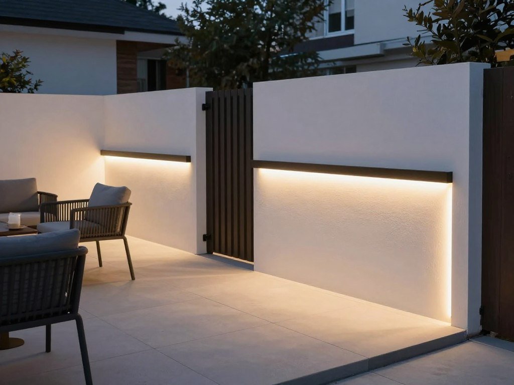 Modern minimalist backyard lighting with clean lines and geometric fixtures