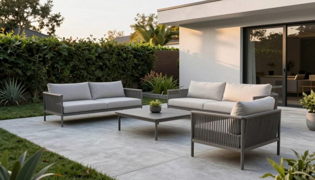 Modern minimalist backyard patio with clean lines and contemporary furniture