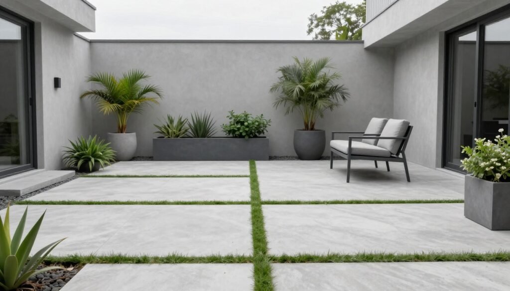 Modern minimalist backyard with clean lines, concrete pavers, and strategic greenery