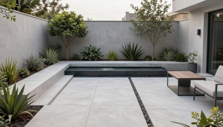 Modern minimalist backyard with clean lines, concrete pavers, and strategic plantings