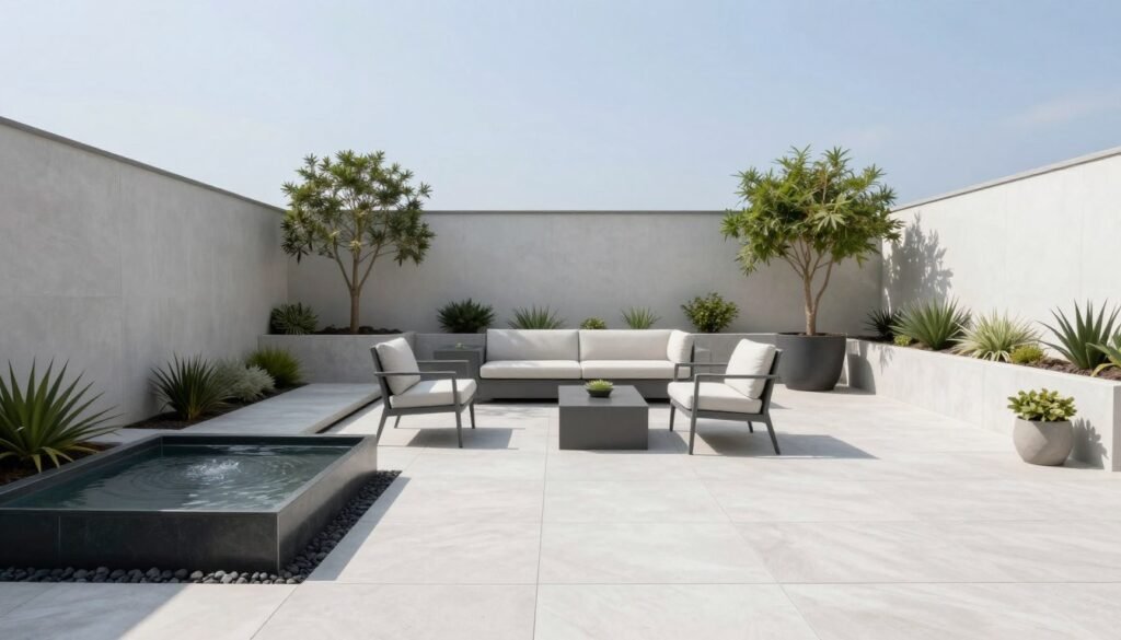Modern minimalist backyard with clean lines, limited color palette and statement furniture pieces