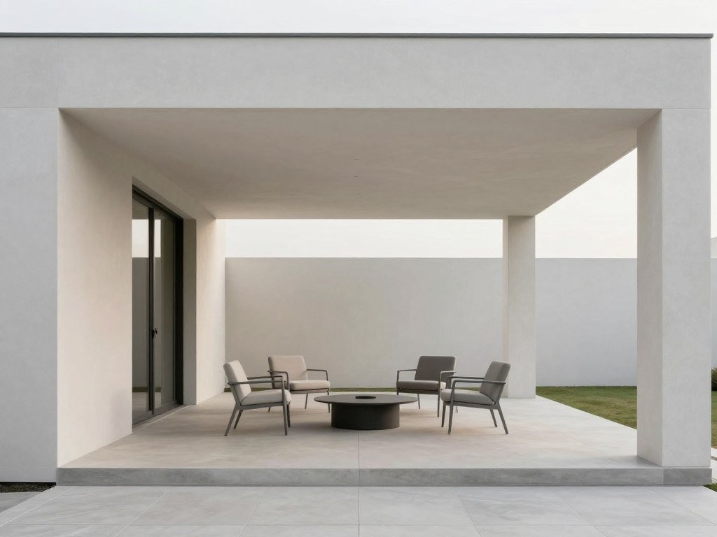 Modern minimalist covered patio with clean lines and neutral palette