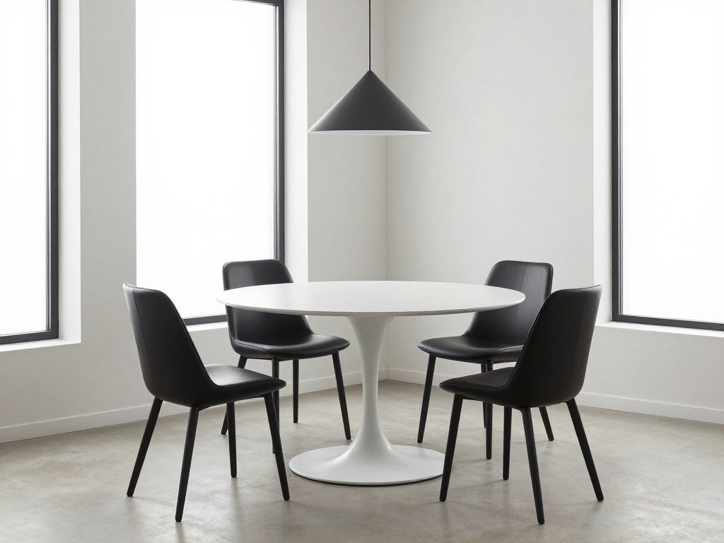Modern minimalist dining nook with sleek white table, black chairs, and a simple pendant light in a neutral-toned corner with large windows
