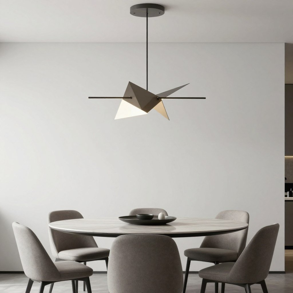 Modern minimalist dining room with geometric chandelier