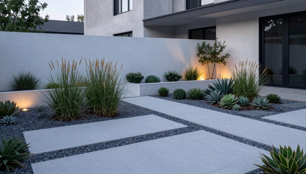 Modern minimalist front yard landscaping design layout with clean lines