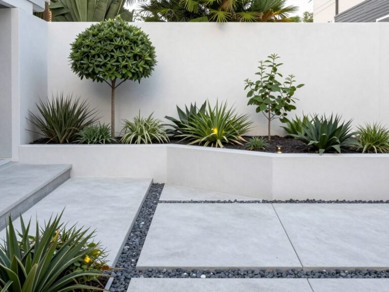 Modern minimalist front yard landscaping design with clean lines and geometric patterns