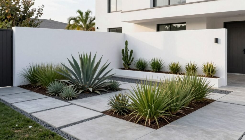 Modern minimalist front yard with clean lines, architectural plants, and contemporary materials Modern minimalist front yard with clean lines, architectural plants, and contemporary materials
