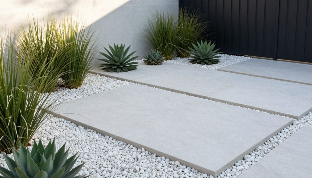 Modern minimalist front yard with large flat stones, architectural plants, and clean lines creating a sophisticated rock landscape