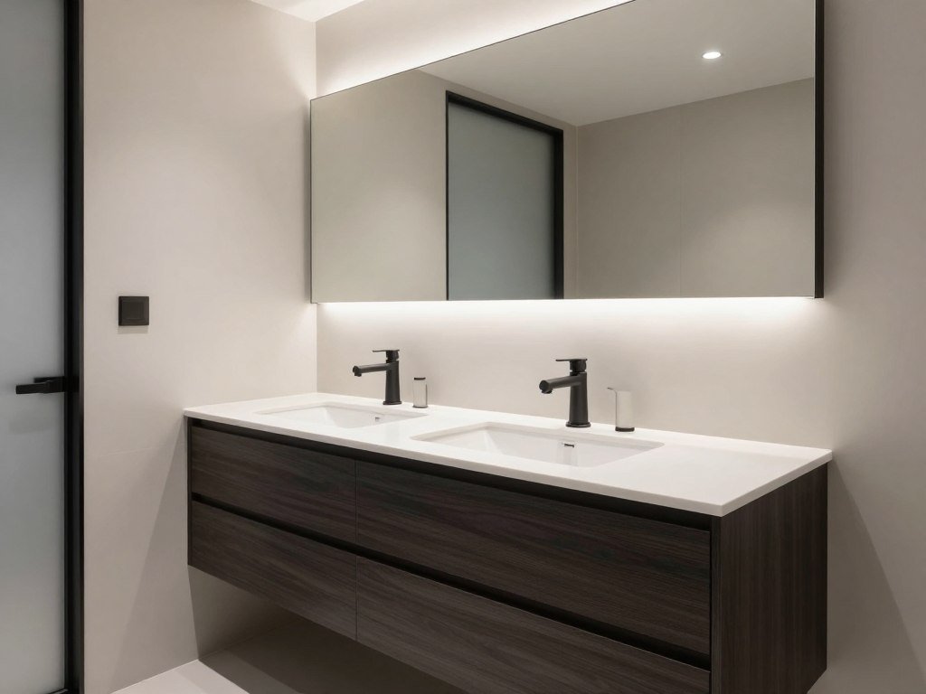 Modern minimalist master bath vanity with clean lines and floating design