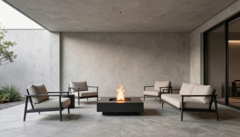 Modern minimalist patio design with clean lines, neutral colors, and sleek furniture