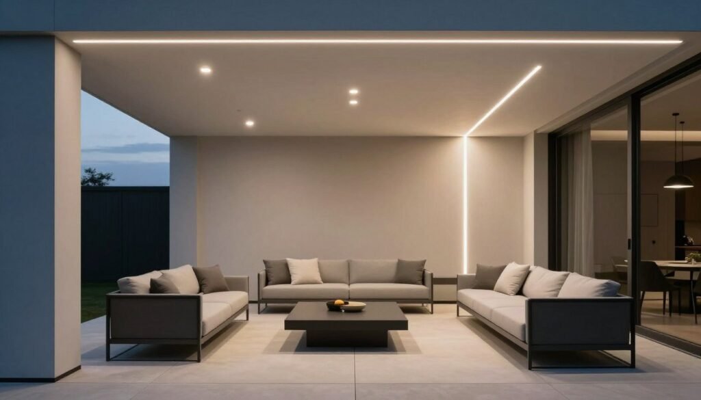 Modern minimalist patio with clean-lined lighting fixtures