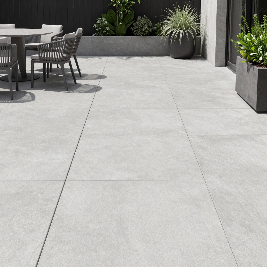 Modern minimalist patio with concrete pavers and sleek furniture