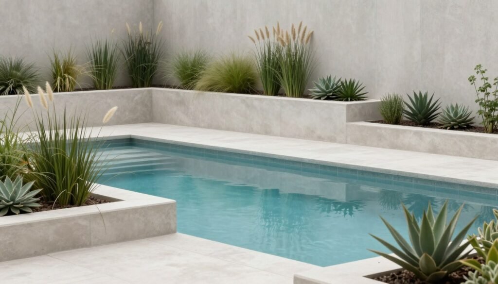 Modern minimalist pool landscaping with clean lines, geometric planters, and carefully selected architectural plants