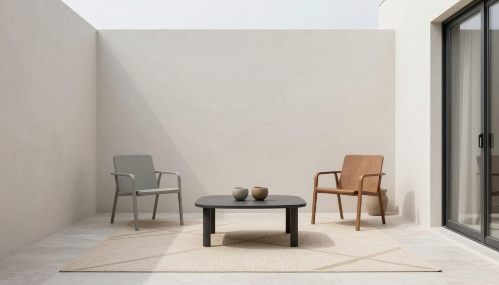 Modern minimalist small patio with clean lines and neutral colors