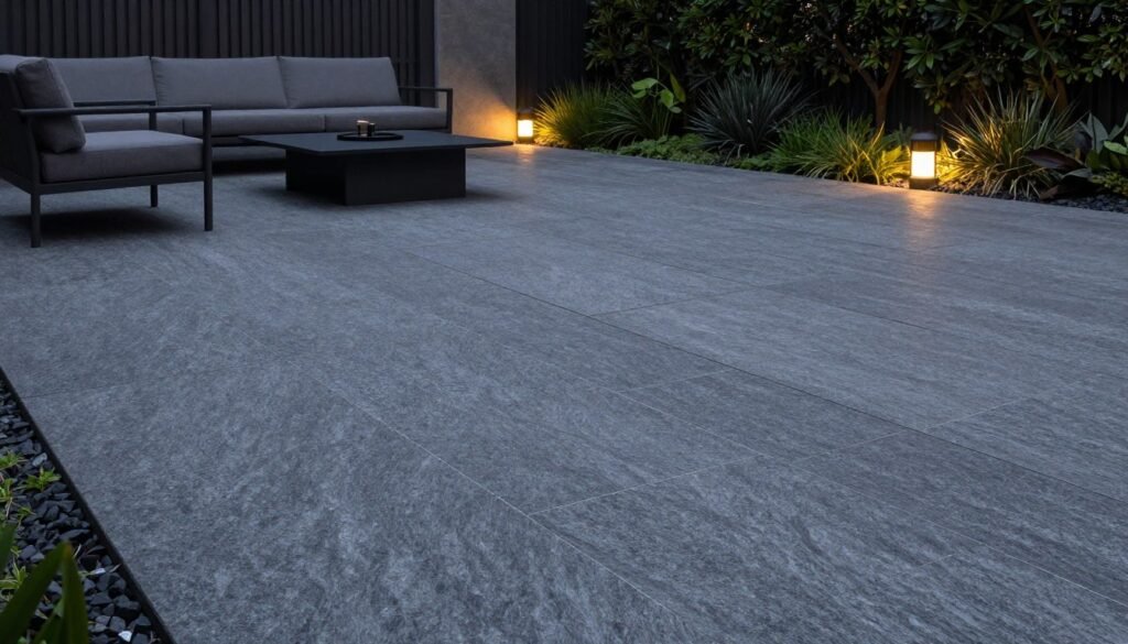 Modern minimalist stone patio with clean lines and contemporary furniture