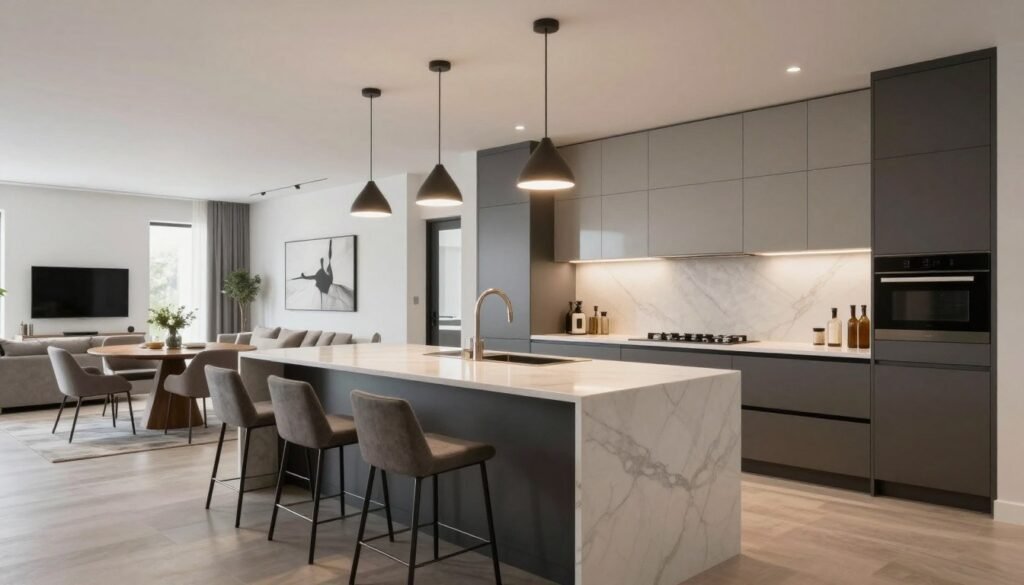 Modern open concept kitchen with island serving as the anchor for the entire space